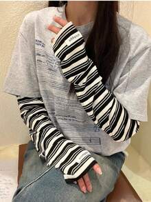 1双条纹臂套夏季冰丝防晒臂套长款宽松女骑行袖防紫外线条纹设计 - 布標條紋 - 查看 5