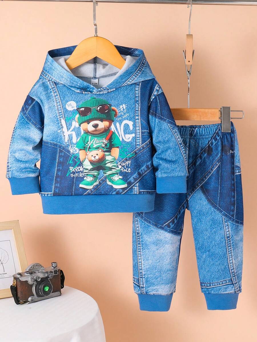 Toddler Boys' Casual Digital Positioning Print Cool Bear Pattern Thermal Lined Hoodie Sweatshirt And Allover Print Pants Set, Autumn/Winter