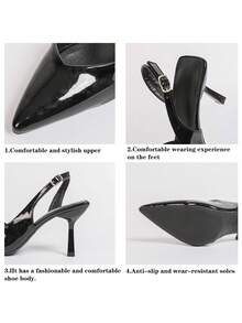 女士小猫跟高跟鞋，尖头漆皮细高跟鞋，红色婚鞋，伴娘鞋，百搭优雅成熟女士踝带凉鞋 - 黑色 - 查看 9