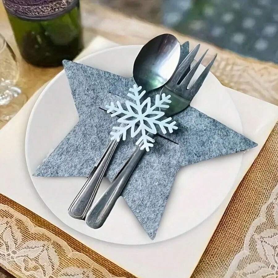 Set di posate decorato con stelle, 12 pezzi, porta posate a forma di fiocco di neve per decorazione tavola natalizia, decorazioni per tavola festiva, accessori per feste natalizie