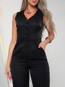 Women's Tailored Jumpsuit With Button At The Front C3154 - Black - View 7