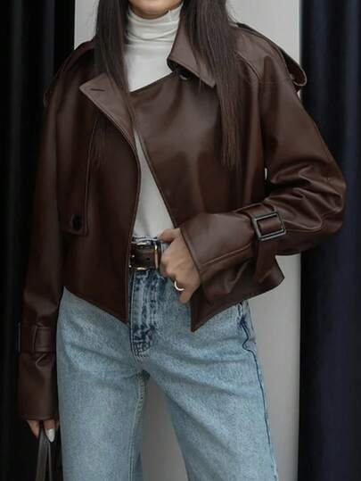 1pc Solid Color PU Leather Faux Button Women PU Jacket, Suitable For Date Night, Everyday Wear, Airport Outfit, Autumn/Winter