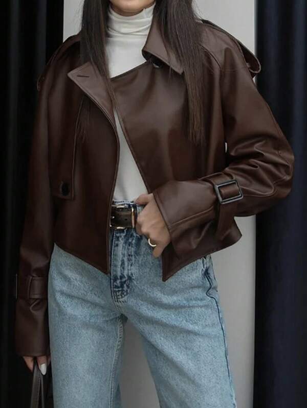 1pc Solid Color PU Leather Faux Button Women PU Jacket, Suitable For Date Night, Everyday Wear, Airport Outfit, Autumn/Winter