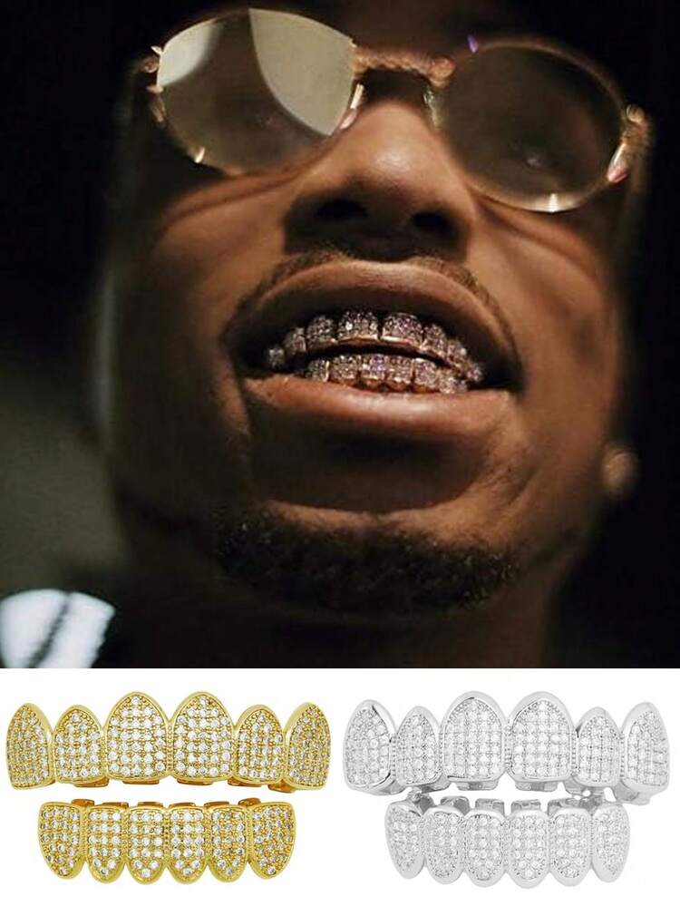 Diamond Grillz, Unisex, Răng giả mạ bạc và vàng phong cách Hip Hop, Phù hợp cho cả răng trên và răng dưới, Răng giả hóa trang cho rapper, Thích hợp cho dạ hội hóa trang, nhập vai, biểu diễn sân khấu, lễ hội hóa trang, hòa nhạc, chương trình rap, lễ hội, giải trí quán bar, hội chợ vui chơi - Nhiều màu - Xem 2