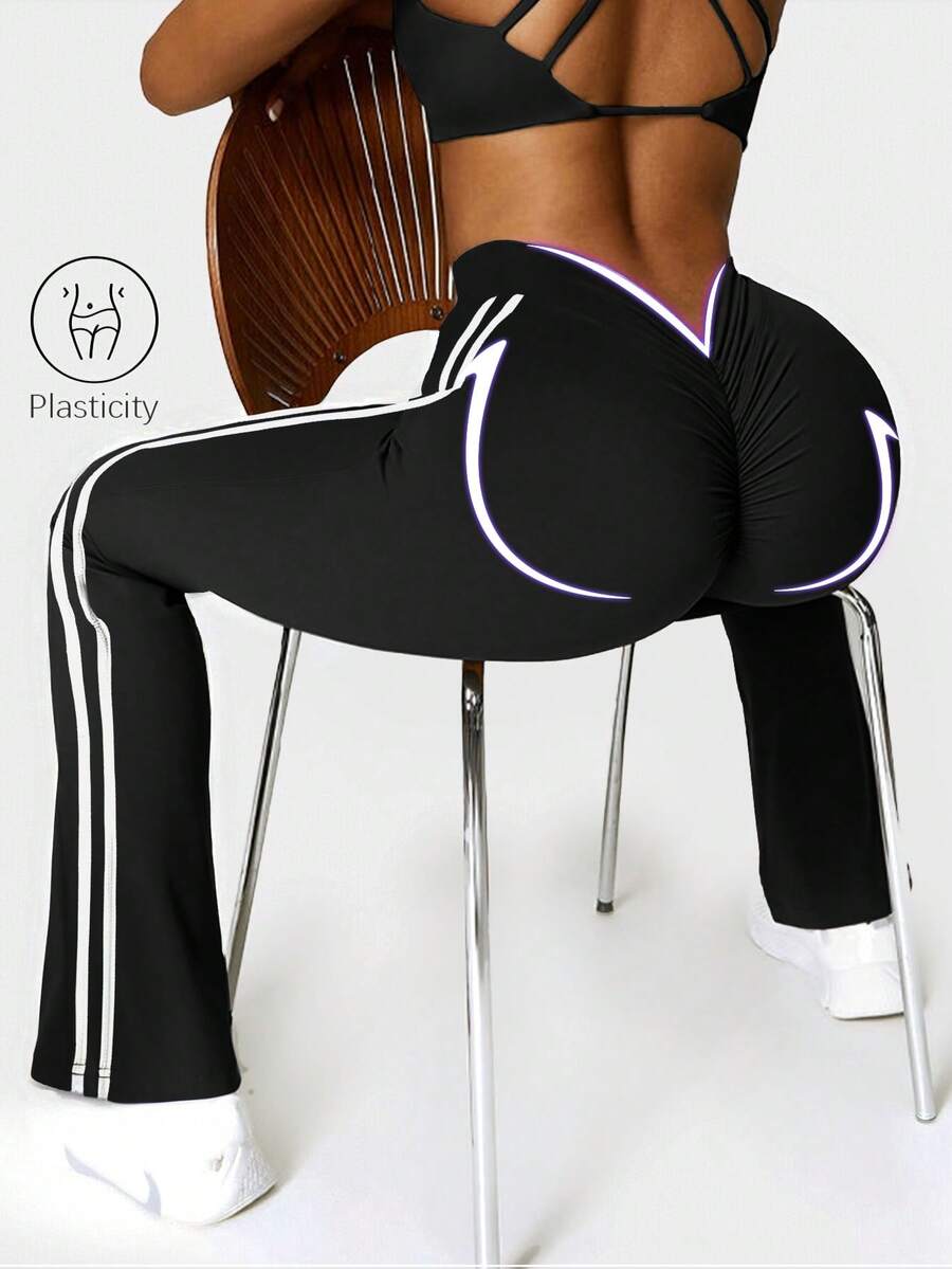 Speed mate 女士侧条纹修身阔腿裤，瑜伽运动喇叭裤，抓绒内衬，冬季款 - 黑色 - 查看 1