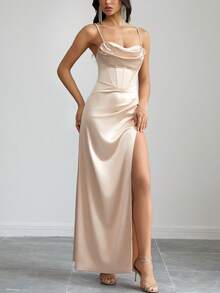 女士优雅香槟色缎面吊带褶皱露背开衩连衣裙，适合宴会、派对、婚礼、伴娘等场合，春季穿着 - 香檳色 - 查看 3