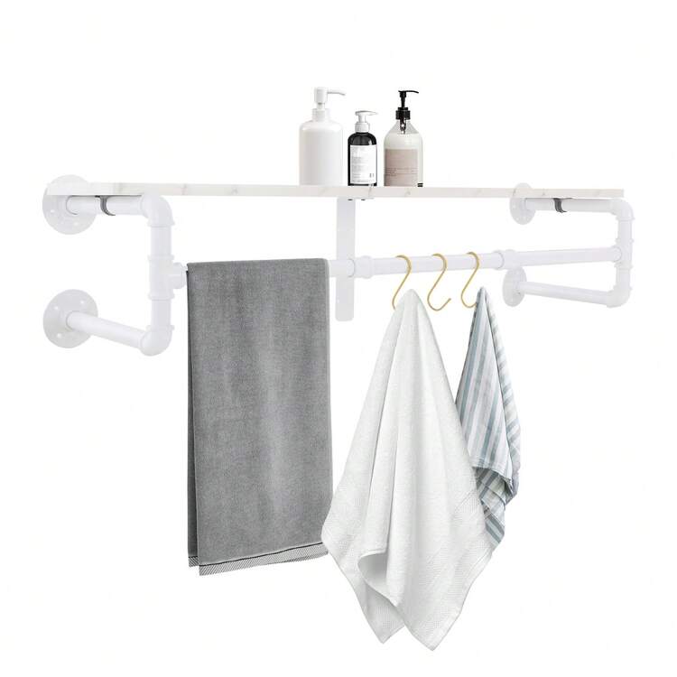 kangten Wall Coat Rack With Floating Shelf, Wall Mounted Clothes Shelf In Industrial Pipe Style, Kitchen Shelf With Four Bases - White - View 6