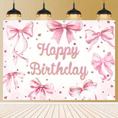 Tapeçaria de parede com laço rosa para aniversário, 1 peça, texto dourado em fundo pêssego, adequada para quarto, sala de estar, escritório, fácil instalação, decoração de parede fofa para casa, textura macia