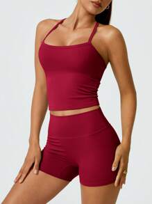 NcmRyu Women's Halter Backless Yoga Top & Booty Shorts Activewear Set, Seamless Yoga Outfit