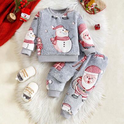Baby Boy Santa Claus Cartoon Print Top And Pants Set, Casual Outfit For Daily Wear, Autumn/Winter