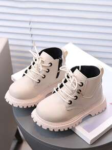 男女通用婴儿时尚靴子，休闲百搭橡胶软底系带侧拉链户外低帮踝靴 - 米色 - 查看 2