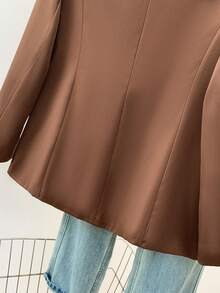 女士优雅长袖尖领西装外套，聚酯纤维面料，纽扣细节，常规版型和长度，无弹力设计 - 棕色 - 查看 6
