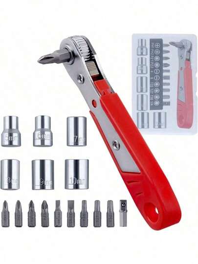 20 PIEZAS Juego de destornilladores de trinquete de ángulo recto, destornillador de 90 grados para espacios reducidos, juego de mini trinquete reversible de 36 dientes con brocas y enchufes Pozidriv/Ranurados/Torx de 1/4"