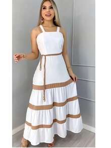 Women's Long Striped Dress, Plain, Bicolor, With Casual Duna Fabric Lining