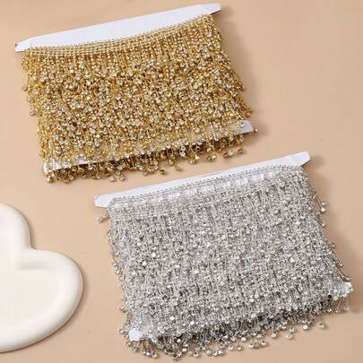 2码 40/50毫米 闪亮金色短流苏吊坠 水钻流苏装饰 玻璃珠链流苏贴花缝制连衣裙 婚礼靴子礼服包包吊坠 5厘米 DIY婚礼装饰 舞蹈服装 手工珠子贴花