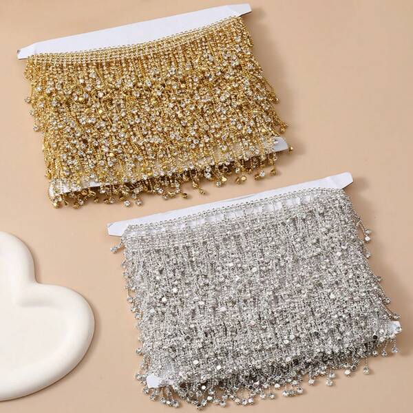 2码 40/50毫米 闪亮金色短流苏吊坠 水钻流苏装饰 玻璃珠链流苏贴花缝制连衣裙 婚礼靴子礼服包包吊坠 5厘米 DIY婚礼装饰 舞蹈服装 手工珠子贴花