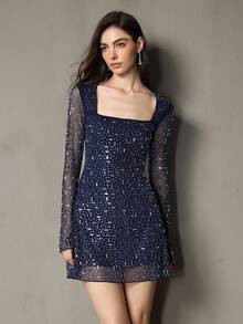 女士水钻装饰方领修身短款正式鸡尾酒会礼服，优雅时尚，适合特殊场合 - 藏蓝色 - 查看 6