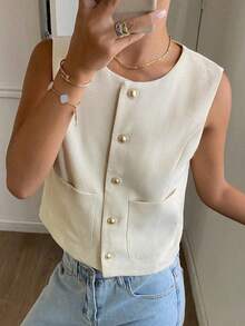 Chaqueta de mujer de unicolor, cuello redondo, sin mangas, ajustada, adecuada para primavera, verano y otoño - Albaricoque - Ver 9