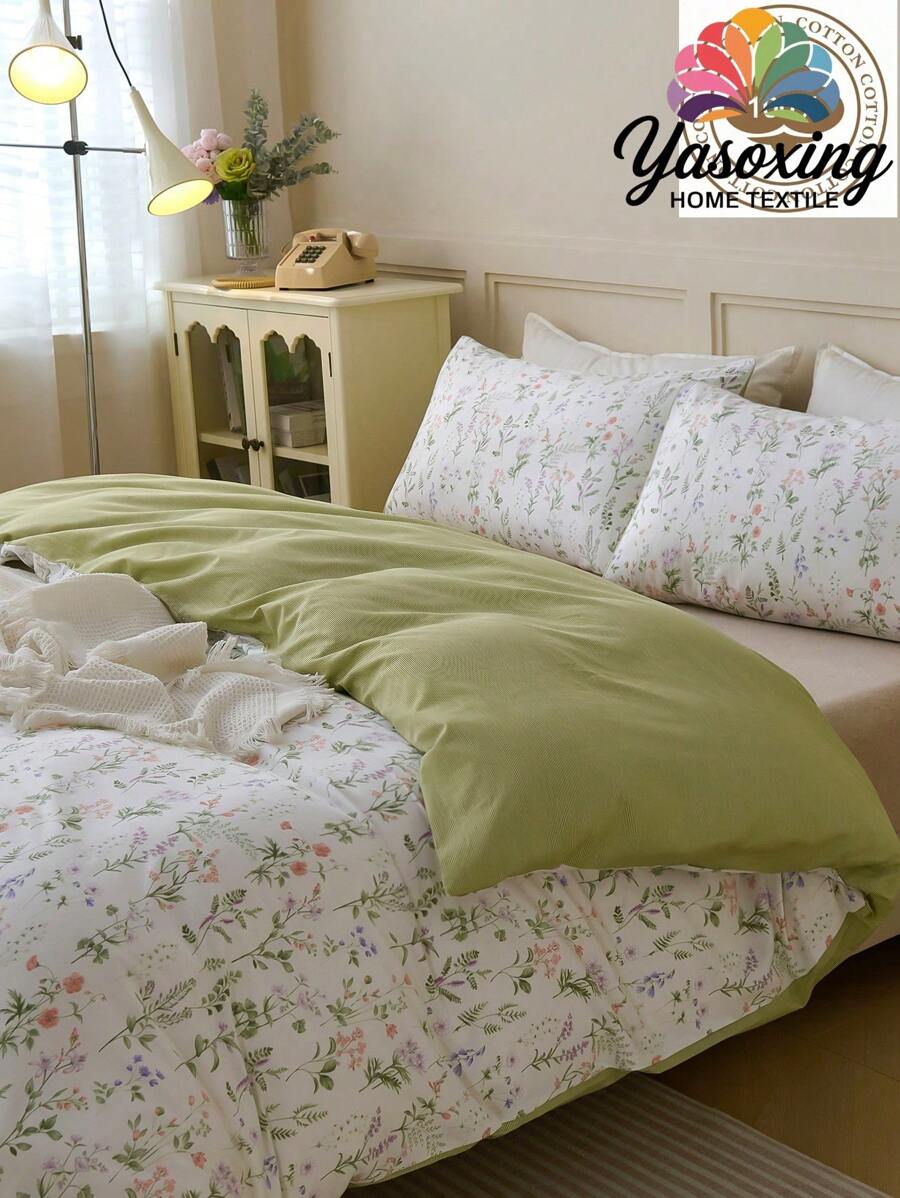 2/3 件 100% 纯棉复古花园植物花卉图案印花羽绒被套装无填充物透气超柔软四季通用（1 件*羽绒被套 + 1/2 件*枕套，无枕芯），柔软双色花卉设计床上用品套装适用于卧室和客房情人节特大号双人床全尺寸床上用品套装