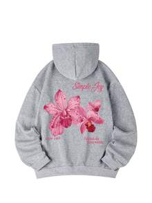 Áo nỉ dài tay có mũ, dây rút, in họa tiết hoa dành cho nữ, có túi, kiểu dáng rộng rãi thoải mái, trang phục mùa đông thời trang, phù hợp mặc hàng ngày vào mùa xuân. - Xám đậm - Xem 4