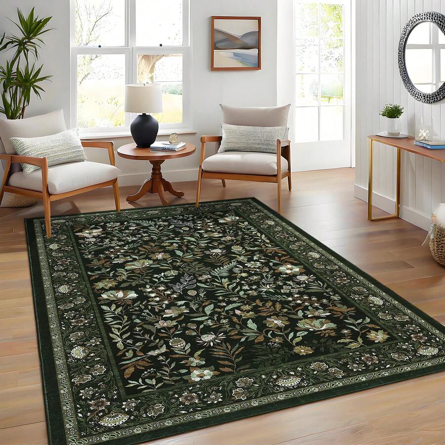 Botanical Printed Area Rug Vintage Floral Rug Washable Area Rug Stain Resistant Non-Slip Foldable Interior Decorative Rug For Bedroom Farmhouse Apartment Dining Room Laundry Room - Xanh đậm - Xem 1