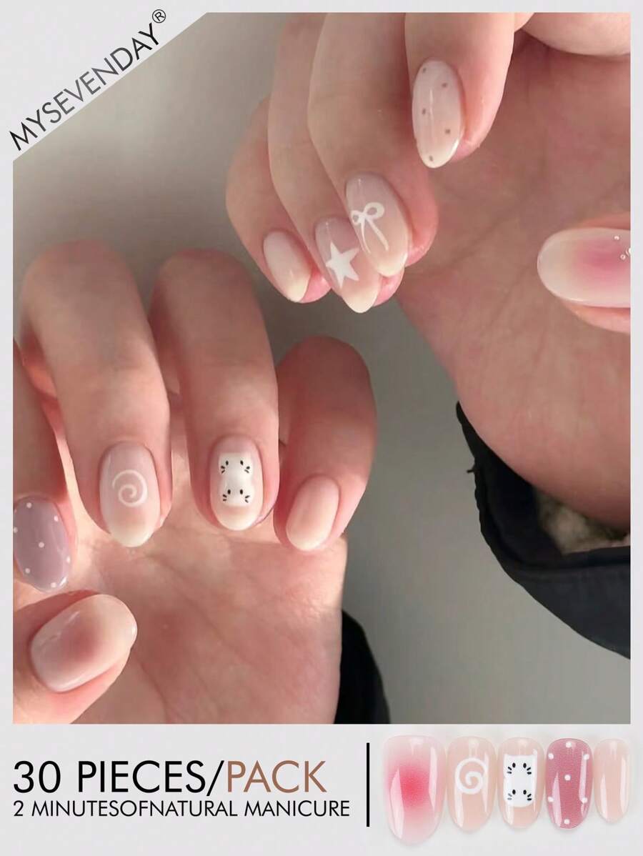 30 pezzi di unghie finte a mandorla/mix di colori con stampa a cartoni animati, unghie finte corte, con 1 pezzo di colla gel e 1 lima per unghie