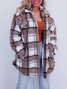 1 Pcs Polar Fleece Plaid Sherpa Jacket, Casual Lapel Long Sleeve Mocha Brown Jacket, Plaid Pattern, Slant Pockets, Teddy Bear Jacket, Non-Stretch, Lined, Front Button Open Placket, Flannel - Perfect For Winter Comfort - Mocha Brown - View 4