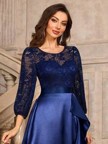 MIUSOL Floral Lace Contrast Satin 3/4 Sleeve Ruffle Formal Party Long Dress, For Dinner, Wedding Guest Dress, Graduation - Navy Blue - View 8
