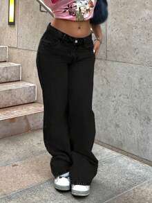 Quần jeans nữ ống đứng màu sáng cổ điển với túi sau thêu họa tiết, thích hợp mặc hàng ngày, màu đen mùa xuân. - màu đen - Xem 7