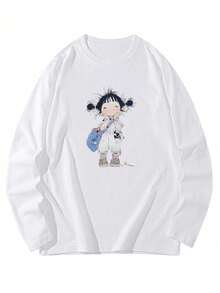 女士宽松卡通印花长袖棉质T恤，百搭春秋装