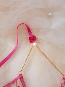 Conjunto de lencería seductora que incluye: Sujetador bordado sexy con decoración de cadena dorada y copas huecas, emparejado con bragas de entrepierna abierta. Conjunto de ropa de dormir sexy para mujer, lencería sexy para mujer, bragas para mujer, conjunto de ropa de dormir sexy para mujer, prendas sexy para mujer, conjunto de lencería sexy, conjunto de lencería para mujer, conjunto para mujer, transpirable - Rosa Fucsia - Ver 4