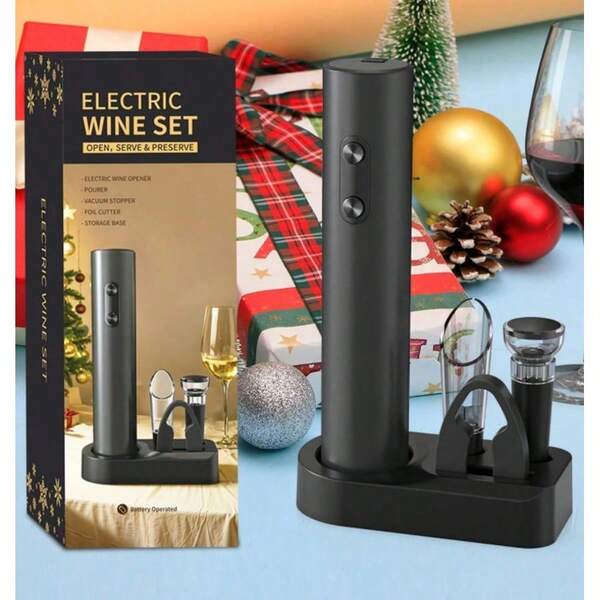 Coffret cadeau décapsuleur électrique 5 en 1 : décapsuleur électrique à piles avec coupe-capsule, carafe, bouchon à vin et socle de rangement. Comprend un décapsuleur électrique à piles, un tire-bouchon, une carafe, un bouchon à vide et un socle de rangement. Cadeau idéal pour les anniversaires et les mariages.