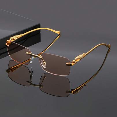 1 Unique Pair Of Glasses With Leopard Print Design, Featuring Frameless Square Lenses, Comes With A Case And Cleaning Cloth, Suitable For Casual Gatherings, Fashionable Outfits, And Can Be Used By Both Men And Women As Photo Props.