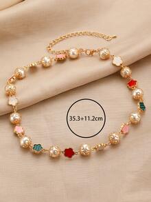 1 件时尚精致仿珍珠串珠项链，镂空花朵和三叶草设计优雅颈链，适合女性日常、派对、婚礼穿着或礼物 - 金黃色 - 查看 6