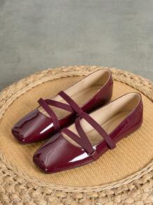 女士平底鞋，易于穿着，优雅低跟，百搭时尚闪亮红色方头玛丽珍芭蕾平底鞋，配有松紧带，适合圣诞节 - 酒紅色 - 查看 4
