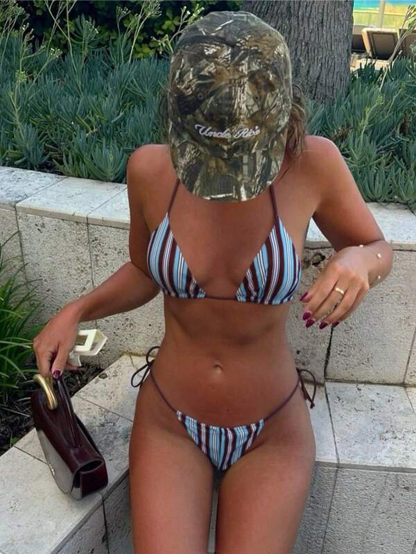 Women's Casual Striped Backless Tie-Up Bikini Set For Beach & Resort