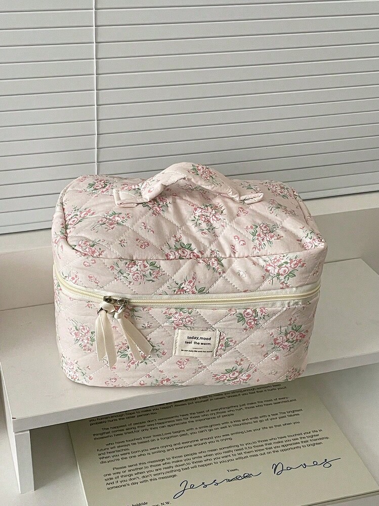 1 件/套可爱花卉印花大容量化妆包多功能化妆品收纳钱包袋便携式化妆品刷收纳包带拉链封口适用于口红、刷子、护肤品、手机、硬币、小物品 - 彩色 - 查看 14
