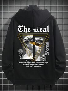 男士宽松连帽衫，黑色基础款休闲卫衣，饰有大卫和几何图案，秋冬款，长袖上衣 - 黑色 - 查看 4