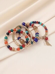4 件套波西米亚复古串珠叶流苏吊坠多层手链，适合女士休闲、沙滩、度假穿着 - 彩色 - 查看 9