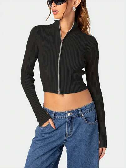 Suéter de punto de manga larga con doble cremallera y ajuste ceñido, estilo estadounidense, top corto y sexy de cuello redondo para mujeres