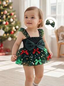 Newborn Baby Girl Christmas Outfit, 1st Christmas Dress Sleeveless Stars Bows Tulle Patchwork Romper Dress With Hairband - 綠色 - 查看 3