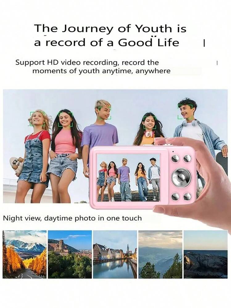 W&O 2025 48MP 1080P Full HD Digital Camera - 2.4-Inch Portable Auto-Focus Vlogging Camera With 32GB Card & 16X Zoom | USB-C Rechargeable,  Puzzle Game - 粉色 - 查看 3