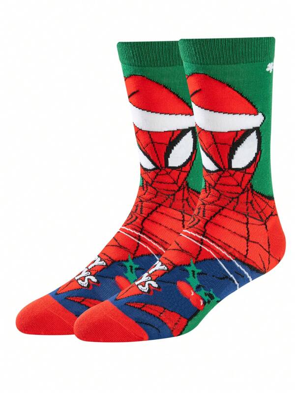 Marvel 1 Paar Weihnachts-Spinne-Man Superhelden Neujahrgeschenk Socken, Cartoon Weihnachtsmann Mütze Neujahranimations Socken für Männer und Frauen, neuartige und interessante Marvel Socken