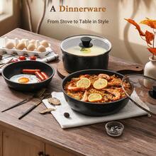 15pcs Nonstick Granite Coated Cookware Set, Induction Compatible Aluminum Kitchen Pots And Pans, All-In-One Cooking Kit With Frying Pans, Saucepans, Stew Pot, Soup Pot & Kitchen Tools - 黑色 - 查看 7