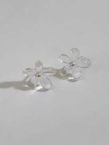 1 对简约透明花卉耳钉，甜美百搭的时尚耳环 - 白色 - 查看 3