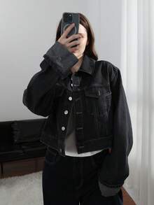 Jaqueta Denim de Manga Longa com Lapela de Cor Sólida Fashionable para Mulheres - Preto - Visão 4