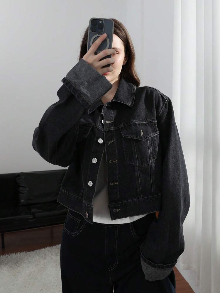 HH Women Fashion Solid Denim Lapel Long Sleeves Coat Top - Black - View 3