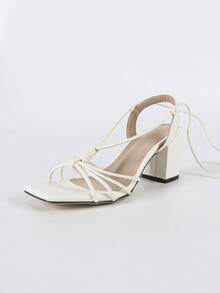 6.5 厘米白色粗跟凉鞋，时尚优雅性感系带凉鞋，适合礼服、正式场合、婚礼、派对、户外穿着，简约纯色高跟凉鞋，带腿带，适合女士 - 白色 - 查看 3