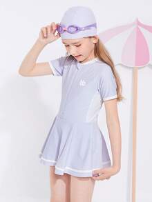 Balabala 青少年女孩連體泳裝套裝，帶帽子，夏季時尚泳裝 - 淡紫色 - 查看 2