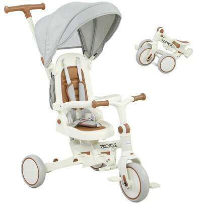 aosom AIYAPLAY Triciclo per Bambini 5 in 1 con Maniglione, Copertura Superiore Rimovibile, Cintura a 5 Punti e Barra , Triciclo Bambini in Alluminio e PP, 96.5x49x101 cm